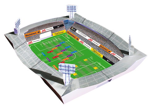Voetbalstadion, gemaakt van karton, waarin het speelschema geprint kan worden